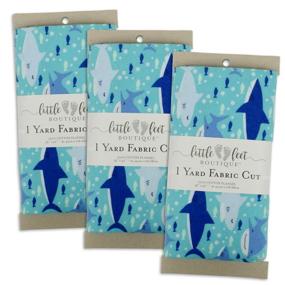 Little Feet Boutique by Fabric Editions, Inc., 100% Cotton Flannel, 36" x 42" Pre-Cut Fabric, Sea Life, Shark, Blue, 3 Piece