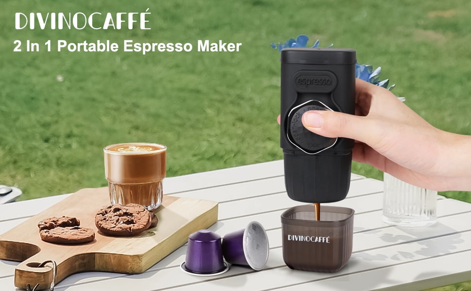 Mini Espresso Machine, Portable Espresso Maker Compatible for Capsules and Coffee Powder, Small Travel Coffee Maker, Manually Operated, 15 Bar Pressure, Perfect for Camping.