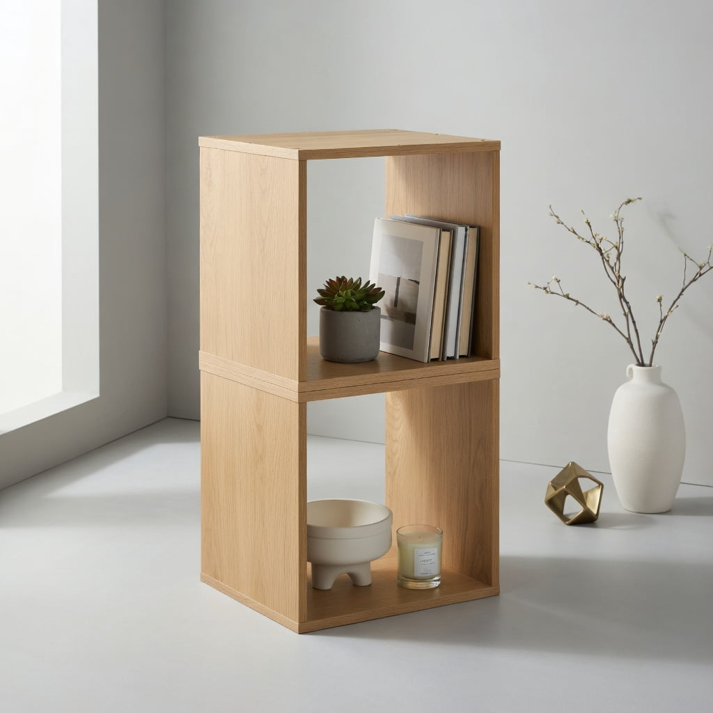 Demi Bonn 2-Tier Cubes Stackable Bookcase for Living Room and Study, Freestanding Display Shelf Bookshelf, Beige