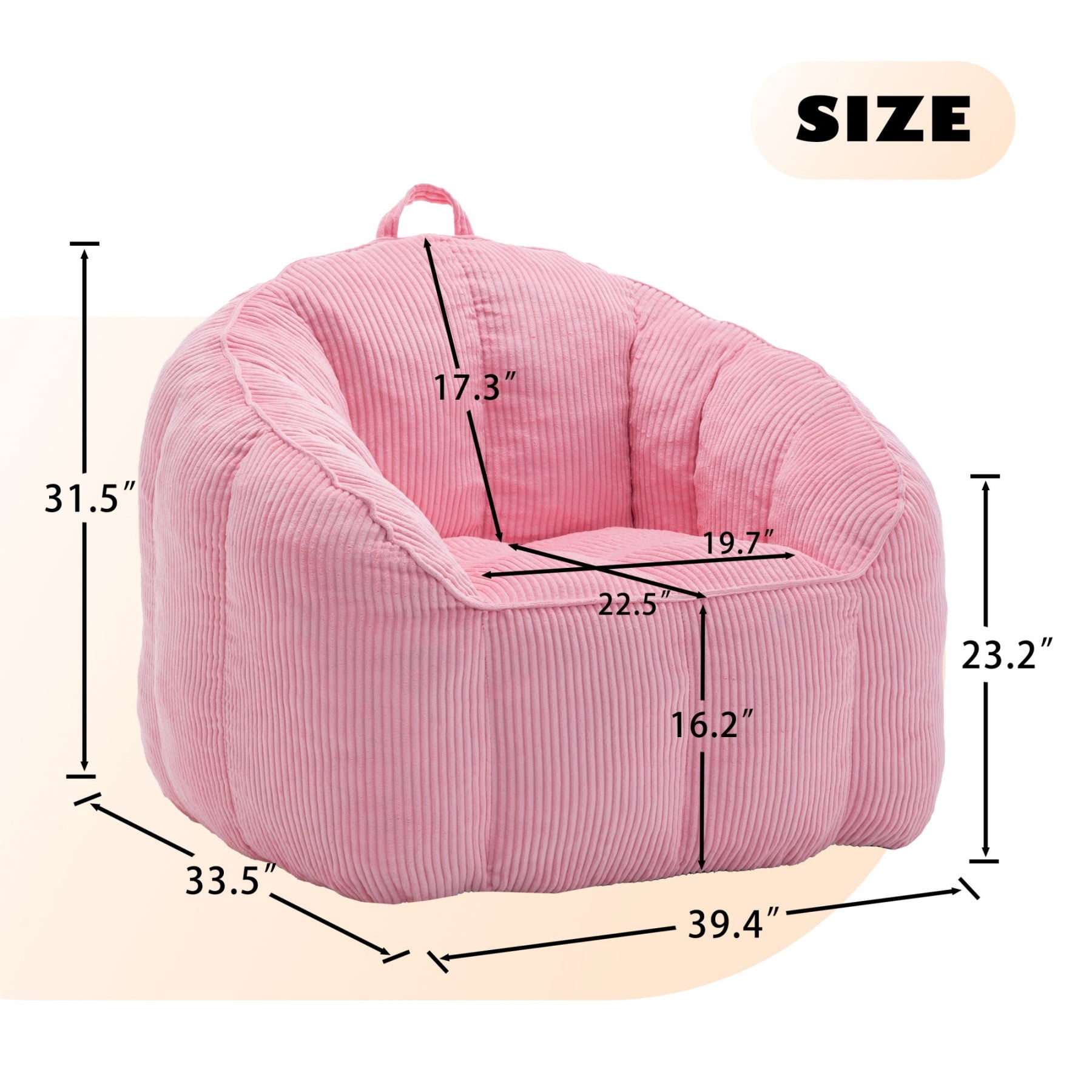 Giant Bean Bag Chair Sofa for Adults & Teens, Corduroy Bean Bag Couch with Armrests & Filler Included, Pink