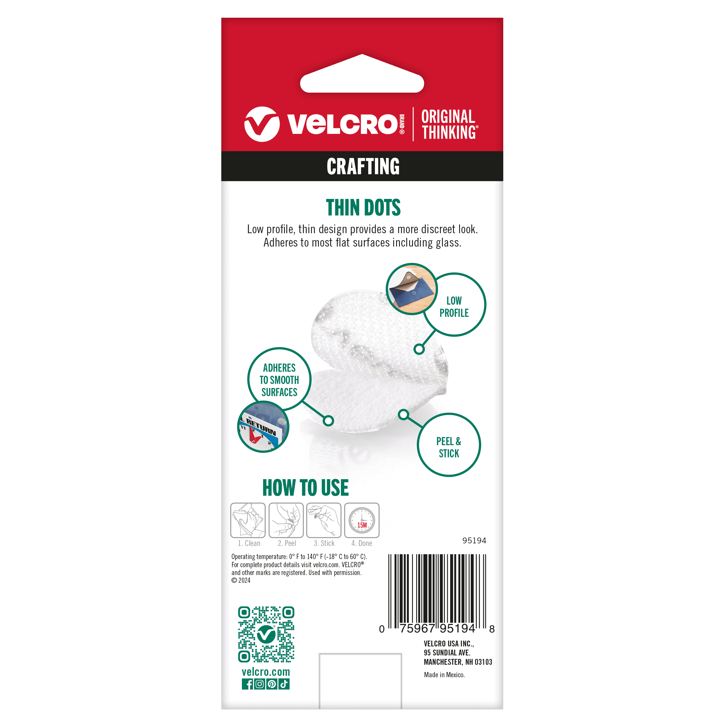 VELCRO Brand Thin General Purpose Tape | General Purpose/ Low Profile | Perfect for Home, Classroom or Office | 3/4" Dots Circles , 200 Count - Clear