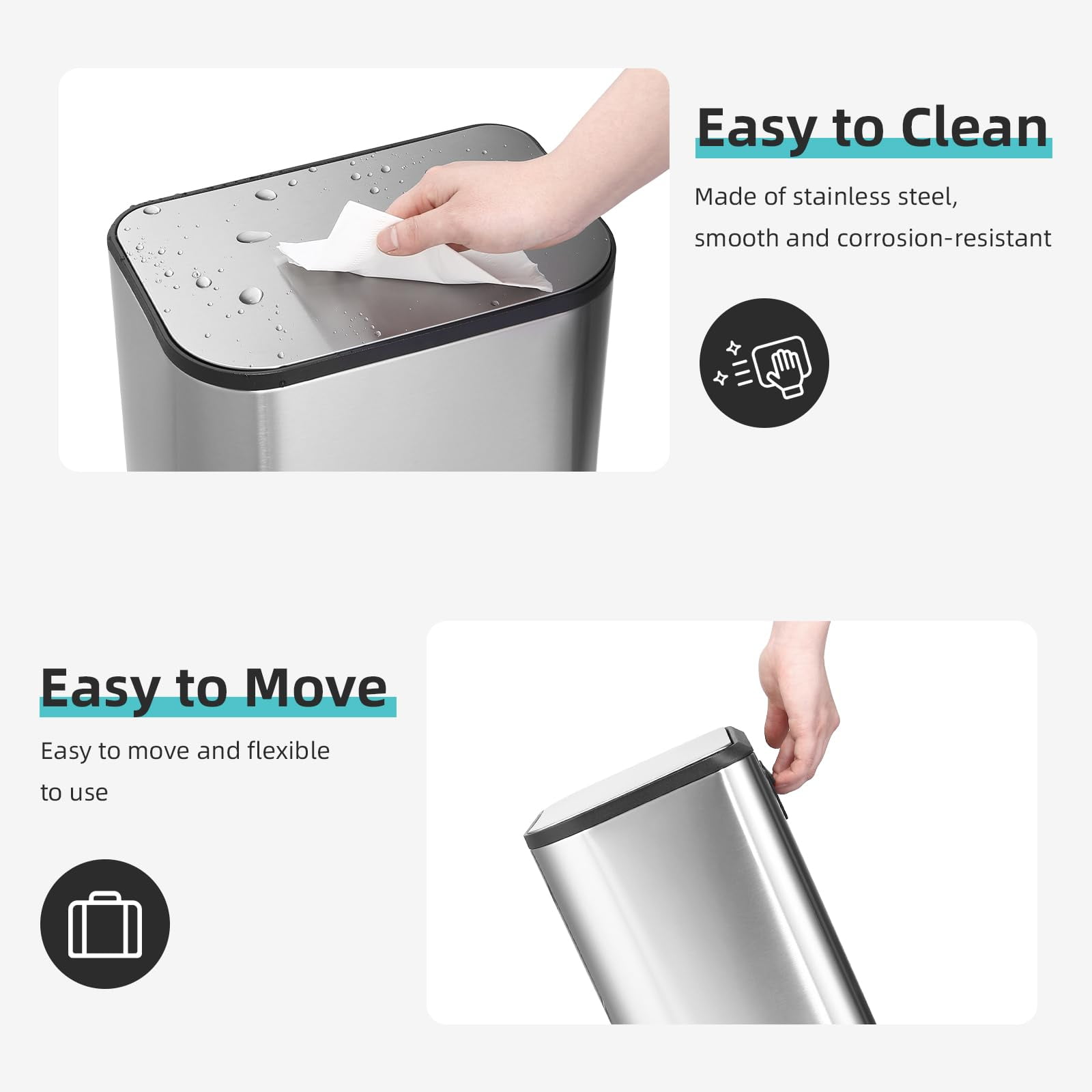 Kitchen Trash Can, Stainless Steel Garbage Can with Lid, Step-On Pedal and Inner Bucket, Rectangular Trash Can for Kitchen, Office, Living Room