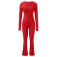 thumbnail image 4 of Women's 2 Piece Outfit - Long Sleeve Crop Top & Flare Pants Set, Polyester Yoga Tracksuit, Winter Casual Wear, S-XXL Sizes, 4 of 5