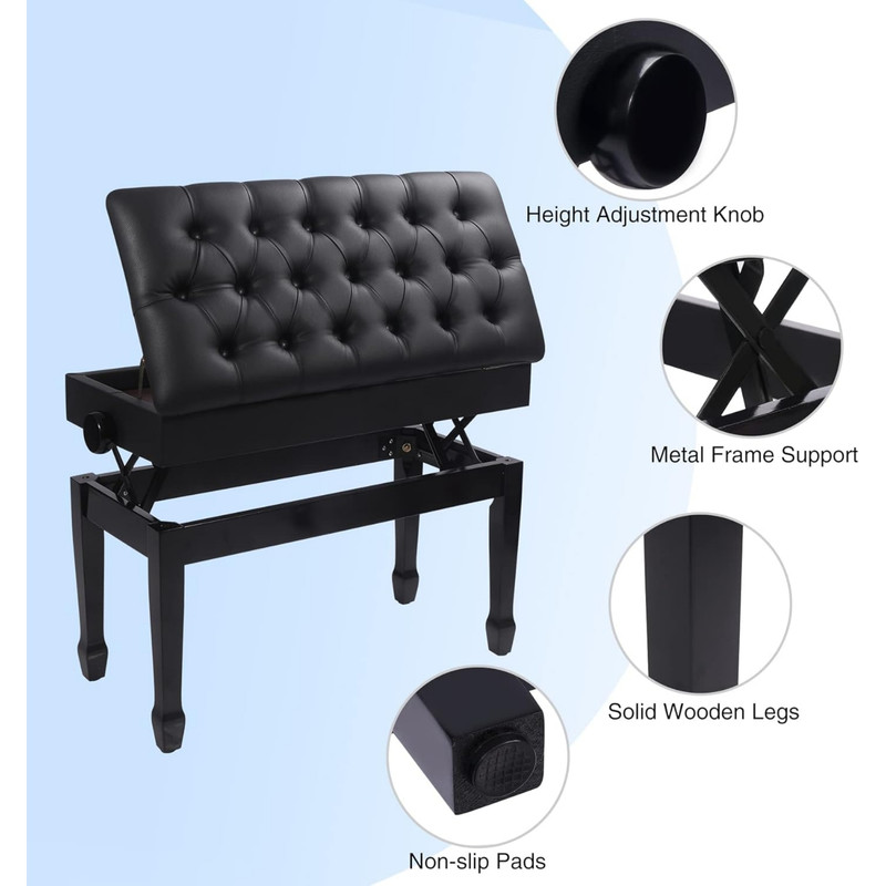 REDCAMP Adjustable Duet Piano Bench with Storage,Heavy Duty Wooden Double Keyboard Piano Bench Seat with PU Leather Cushion,Black