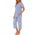 thumbnail image 3 of Weekease Two Piece Pajamas for Women Set Crew Neck Short Sleeve Tops Capris Summer Loungewear with Pockets, 3 of 8