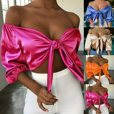 Sexy Satin Bow - Sexy Satin Slik Crop Top Women Bow Sashes V Neck Half Sleeve Cropped Tank Top