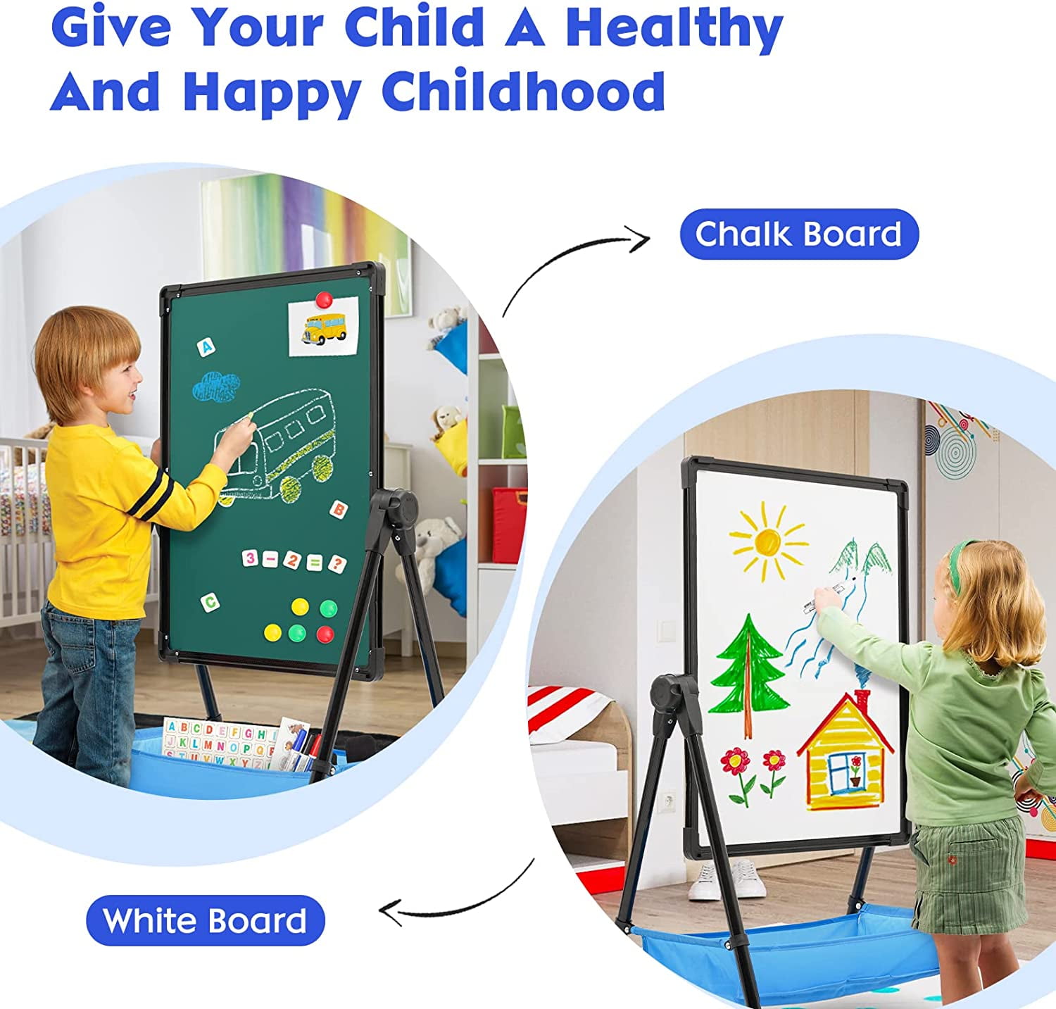 Ealing Kids Easel Adjustable Standing Metal Whiteboard & Chalkboard,Magnetic Art Easel for Age 3-8