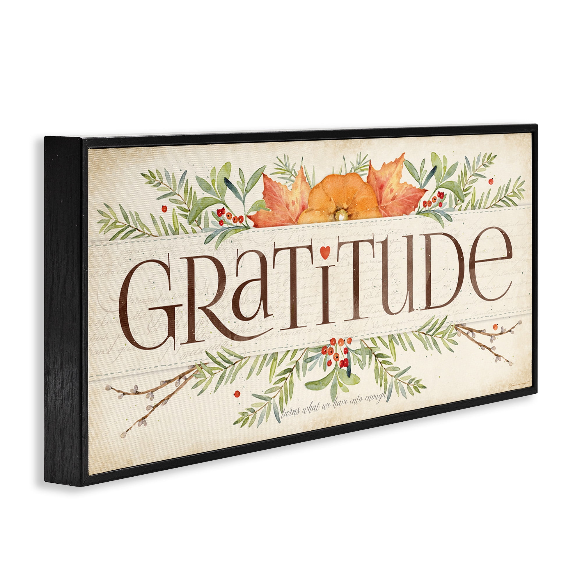 Stupell Industries Seasonal Gratitude Floral Leaves Typography Painting Black Framed Art Print Wall Art, 30 x 13