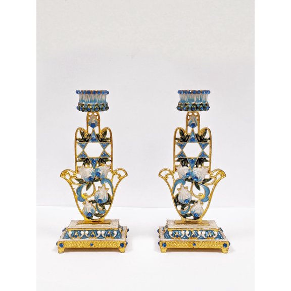 5.5 Inch Tall Pair of Blue Hamsa Candle Holder