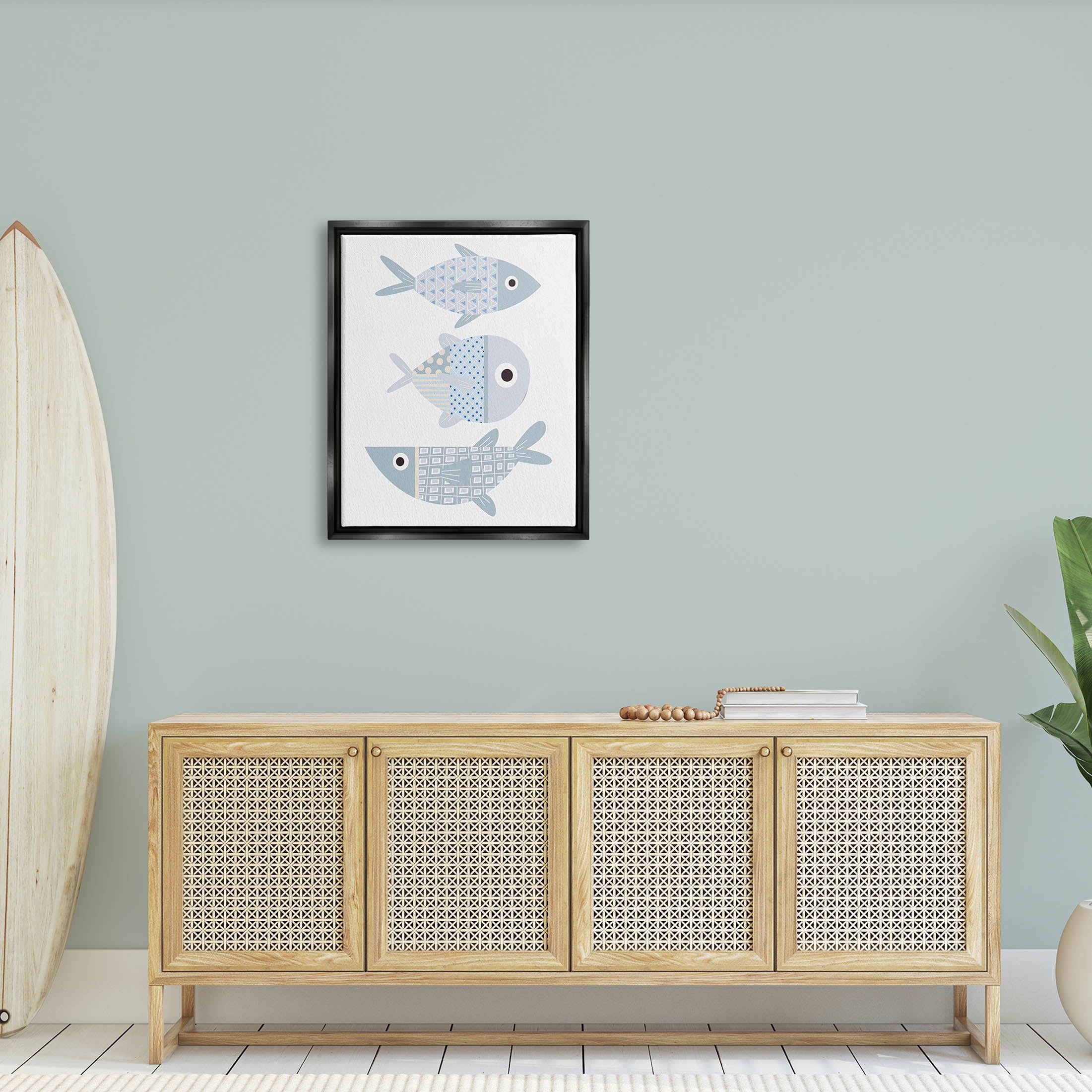 Stupell Industries Various Patterned Aquatic Fish Design Graphic Art Jet Black Floating Framed Canvas Print Wall Art, Design by Kim Allen
