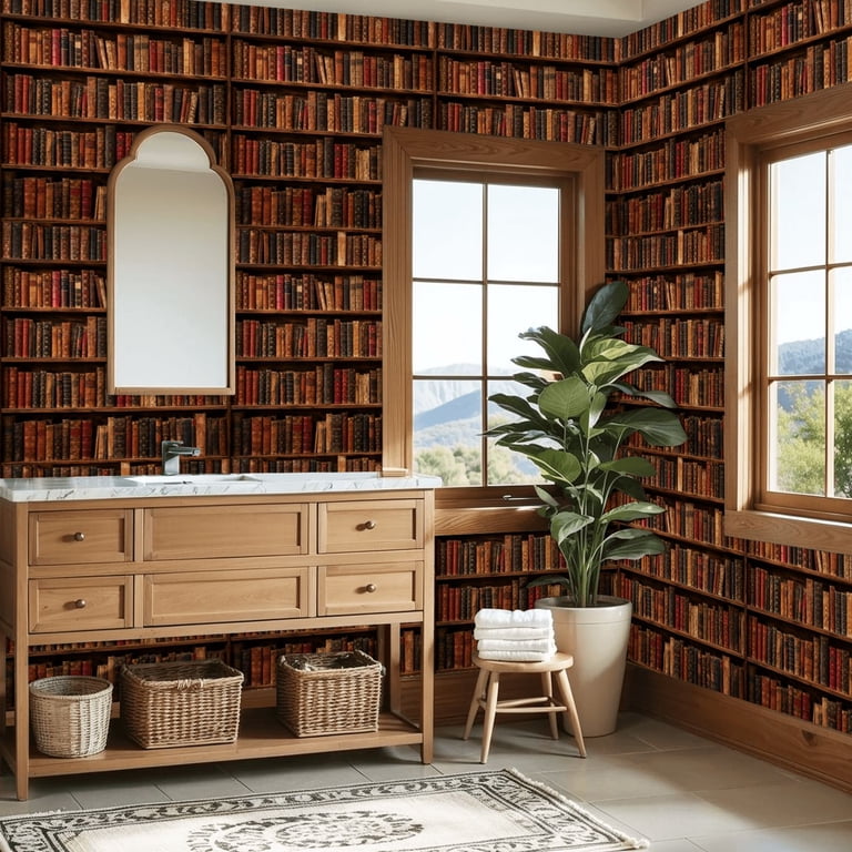 Peel and Stick Wallpaper Library Bookshelf red vintage 17.7