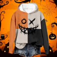 thumbnail image 2 of Halloween Women Hoodies Patchwork Pumpkin Graphic No Pocket Sweatshirt Long Sleeve Pullover Tops Fall Winter Warm Orange L, 2 of 3