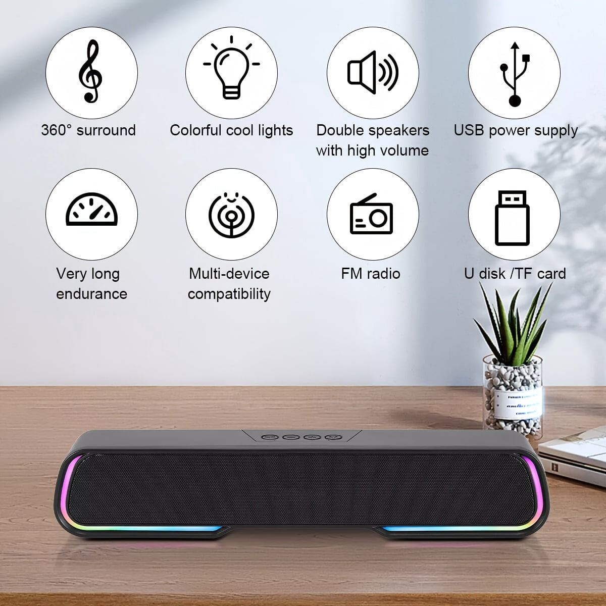 Wireless TV Sound Bar Computer Speakers, Adjustable RGB PC Gaming Speakers with Enhanced Bass And Volume Control, Stereo USB Powered 3.5mm Aux Multimedia Speakers for Laptop/Desktop/Tablets/Phone