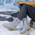 thumbnail image 3 of Lace up Winter Motorcycle Boots for Women Furry Lined Low Heel Side Zipper Mid Calf Combat Boots Waterproof Warm Snow Booties Light Blue Size 8, 3 of 8