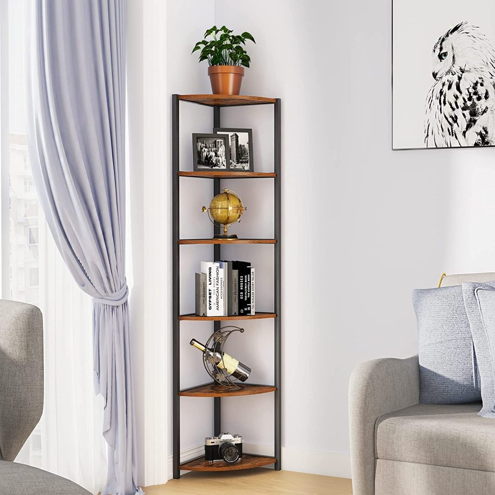 JayDAYon 6Tier Corner Shelf Industrial Wood Corner Bookcase Corner Storage Bookshelf Rack
