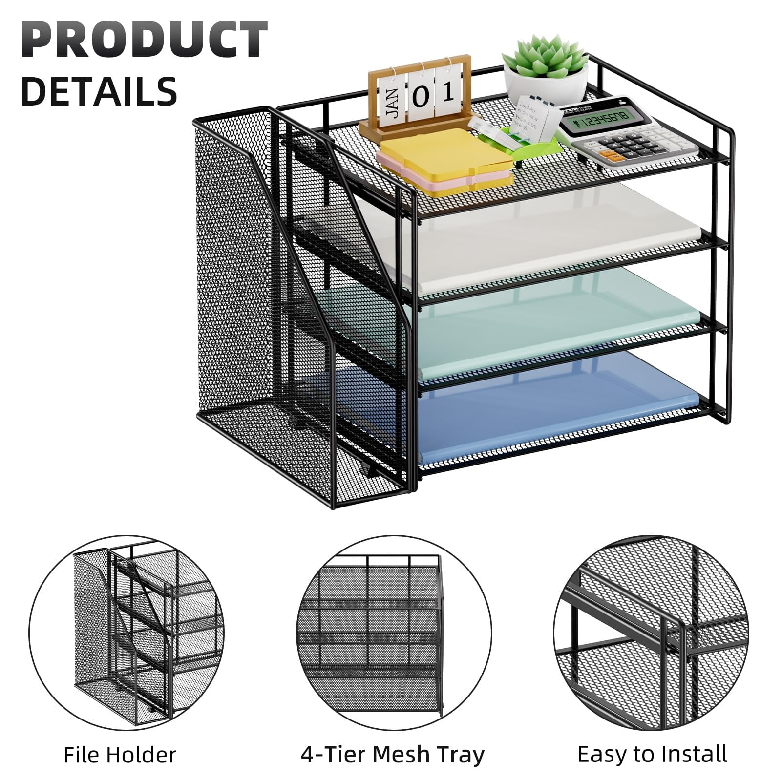 Marbrasse Desk Organizer and Accessories，4-Tier Paper Letter Tray Organizer with File Holder for Home Office Desk Supplies (Black)1 Count