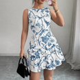 thumbnail image 6 of White-Blue Floral Sleeveless A-Line Skater Mini Dress, Crew Neck High Waist, 6 of 16