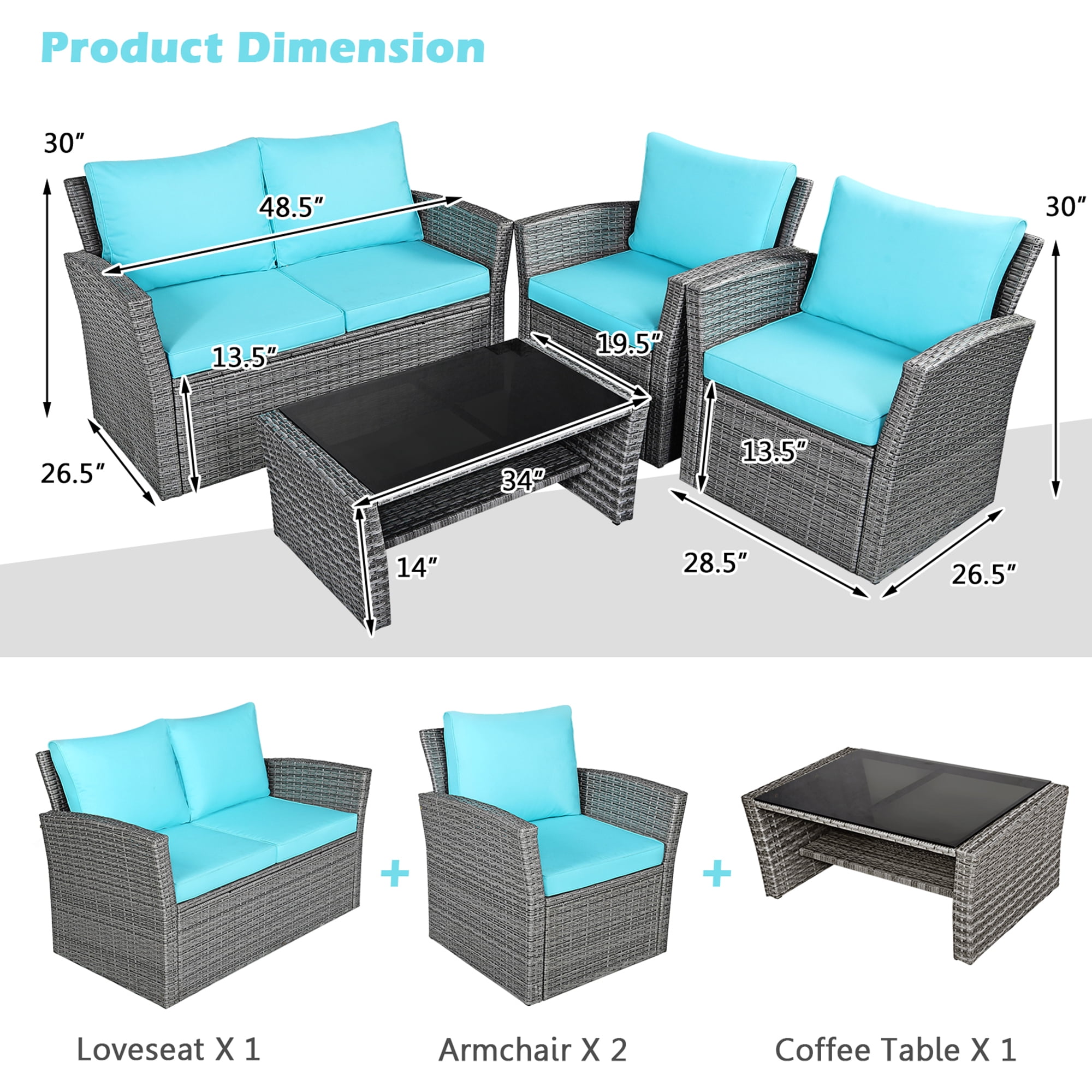 Gymax 4PCS Patio Rattan Conversation Set Outdoor Furniture Set w/ Turquoise Cushions