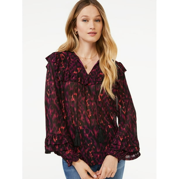 Scoop Women's Ruffled Oversized Top with Long Sleeves - Walmart.com