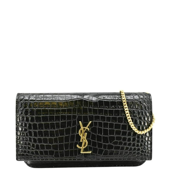 Pre-Owned YVES SAINT LAURENT Monogram Sunset Crocodile Embossed Leather Shoulder Bag Black