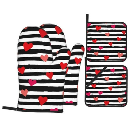 

Oven Mitts and Pot Holders Sets 4 pcs - Hearts And Lines1 Heat Resistant Silicone Oven Gloves with Non-Slip Silicone Surface and hot pads for kitchen Baking Cooking BBQ