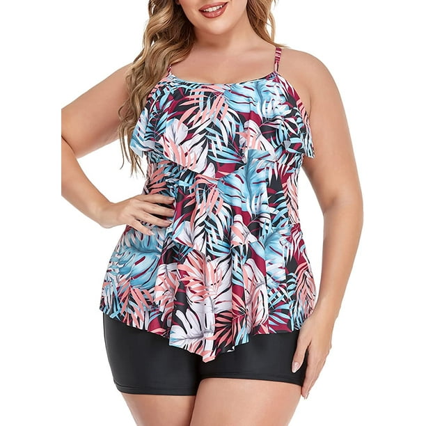 Summer Mae Womens Plus Size Tankini Swimsuits with Shorts Flounce Two