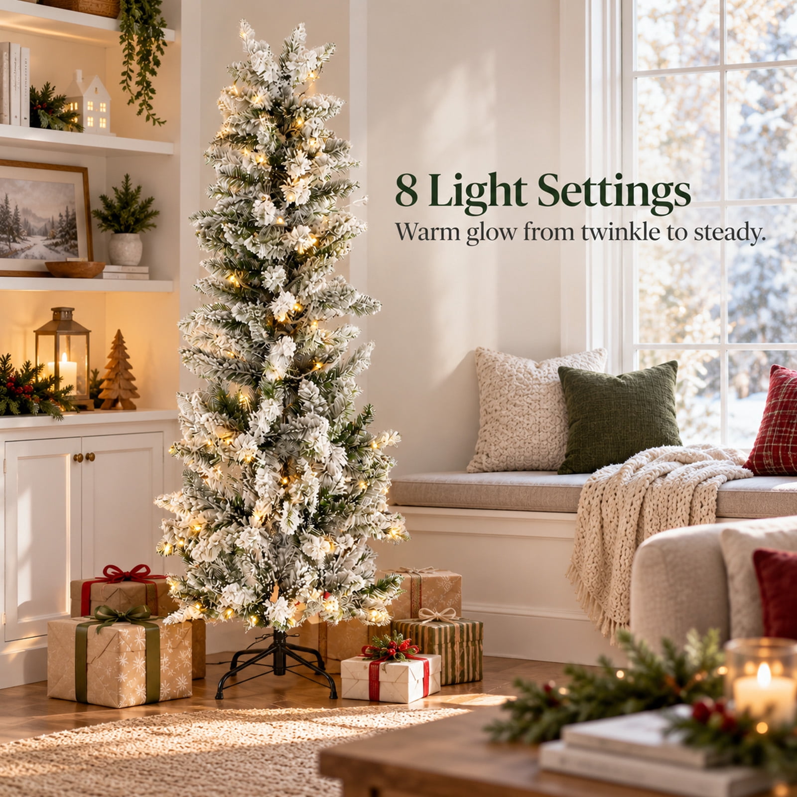 Alvantor Pre-Lit Flocked Pencil Christmas Tree with 8 Modes, White, 9FT