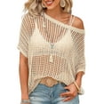thumbnail image 2 of Womens Summer Scoop Neck Short Sleeve Sweater Casual Crochet Hollow Out Knit Tops Pullover Shirts Beach L, 2 of 6