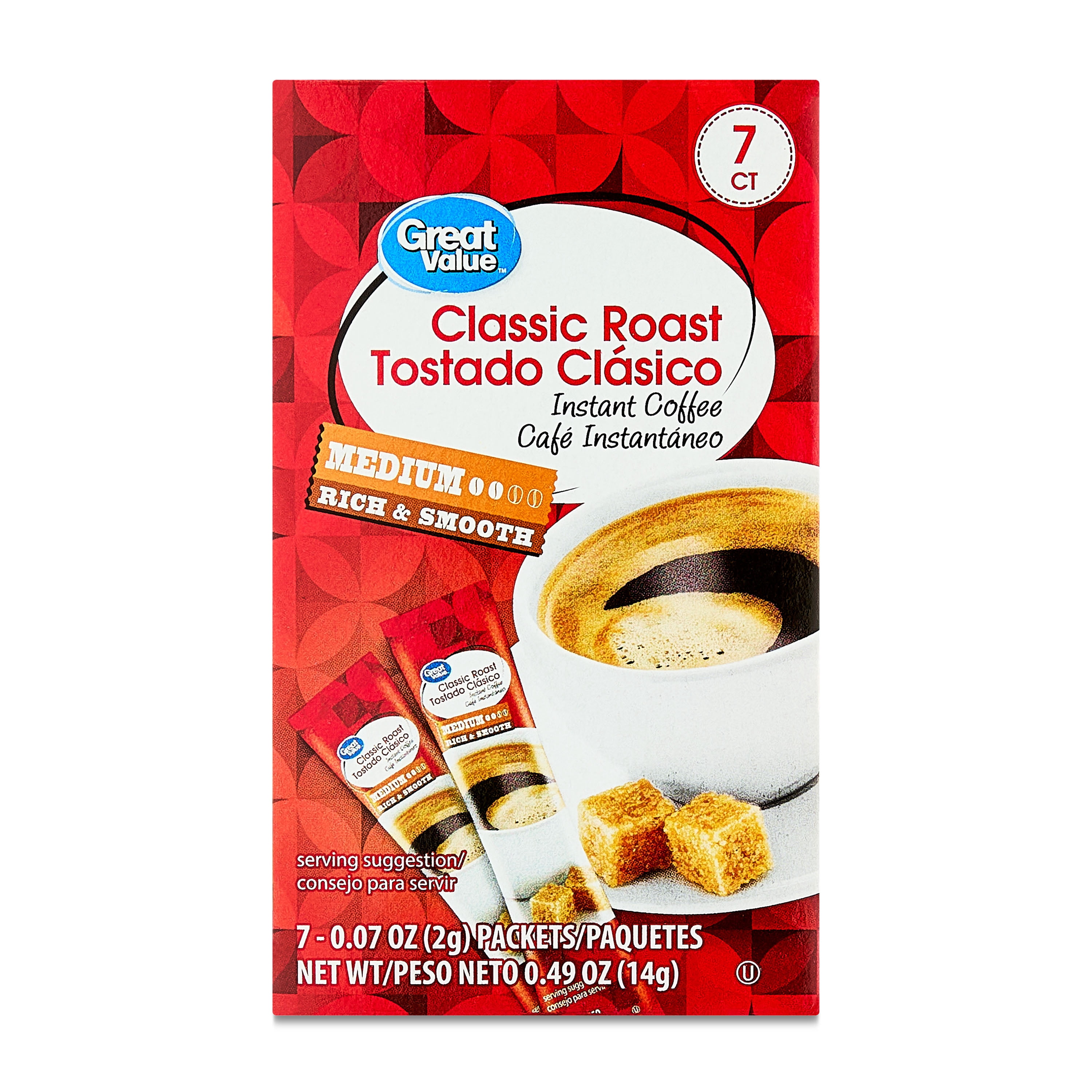 (12 pack) Great Value Classic Roast Instant Coffee, Medium, 0.49 oz, 7 Count