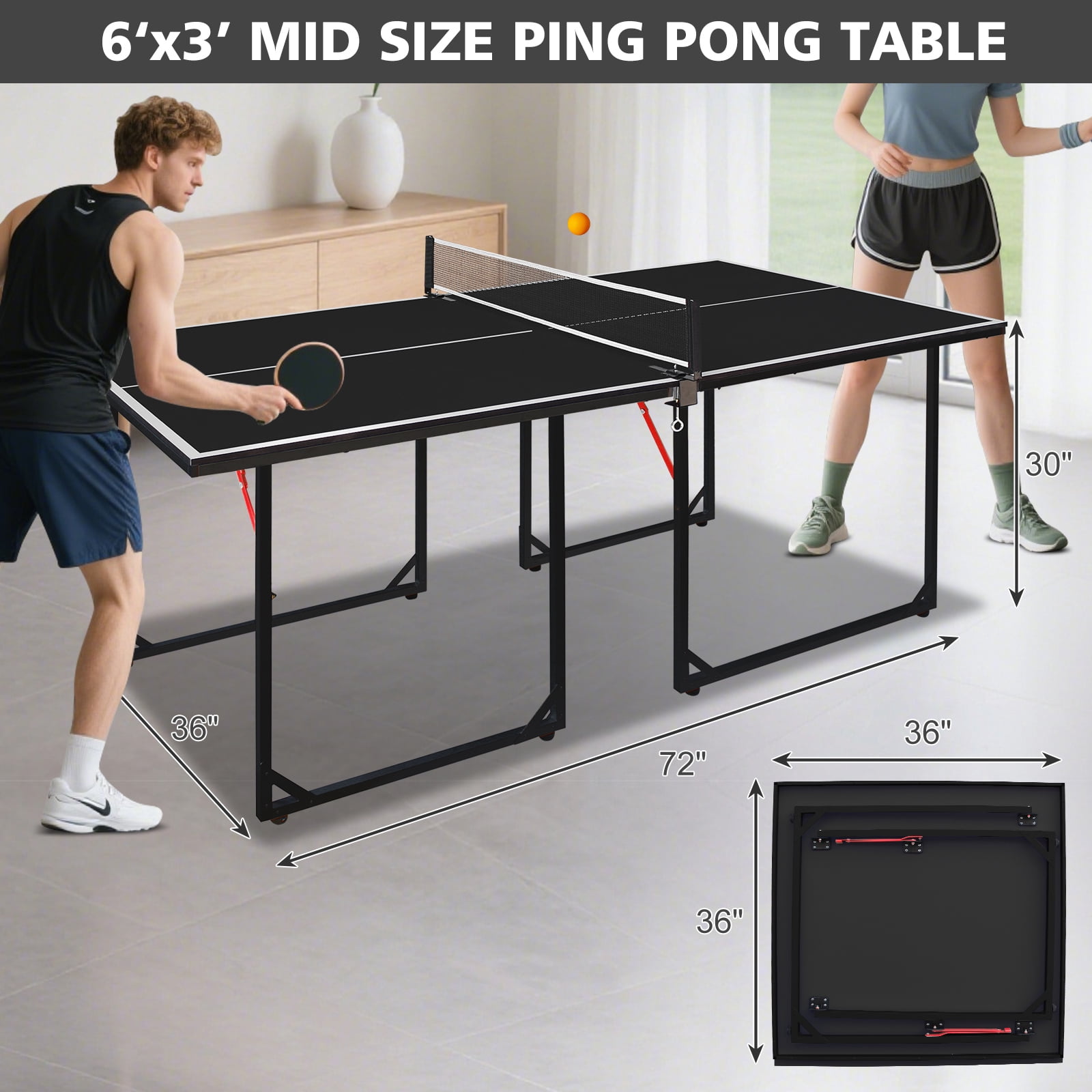 HooKung 6ft Ping Pong Table Foldable Table Tennis Table for Indoor Outdoor with Net, Table Tennis Paddles and Balls, Multi-Use Family Game Table for Kid Teenager Adult