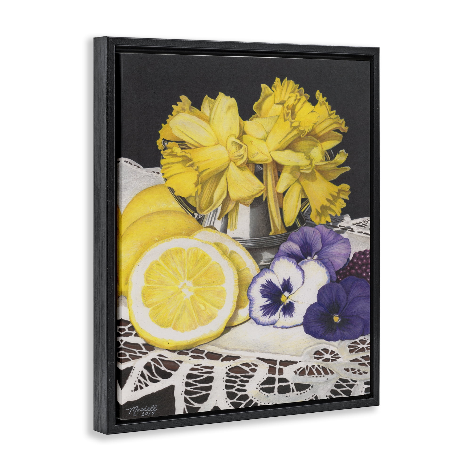Stupell Industries Daffodils & Lemons Still Life Food & Beverage Painting Black Floater Framed Art Print Wall Art, 17 x 21