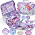 thumbnail image 5 of Joyfy Unicorn Tea Party Set for Girls, Pretend Tin Teapot Set with Teapot, Cups, Plates, Carrying Case, Princess Tea Time Play Kitchen for Christmas Birthday Gift, 5 of 8