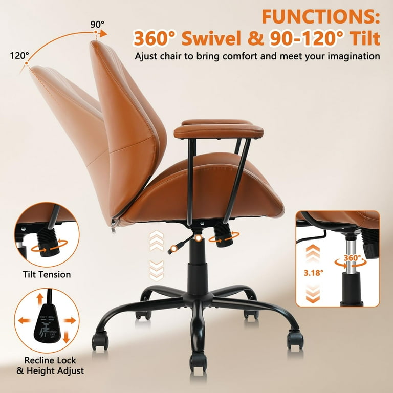 CLATINA Leather Desk Chair, Mid-Century Modern Ergonomic Swivel
