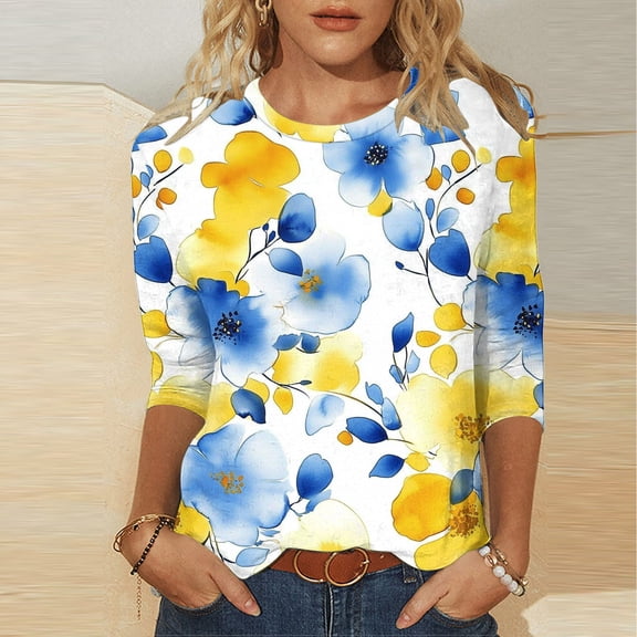 Jsaierl Women's 3/4 Length Sleeve Tops Casual Crew Neck Shirts Trendy Graphic Petite Blouses Workout Vacation Tunic Top S-5XL