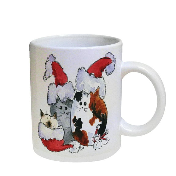 KuzmarK Coffee Cup Mug Pearl Iridescent White - Three Christmas Kitties and Mouse in Santa Hats Cat Art by Denise Every