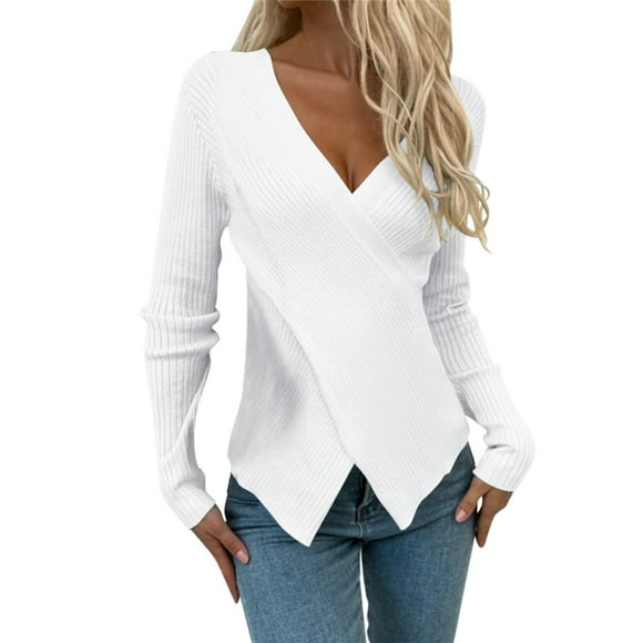 2025 Women Fashion V Shirt for Women Fashion Neck Long Sleeve Solid Ladies Shirt Long Sleeve Color Pullover Sweater Knitting Long Sleeve Women Top