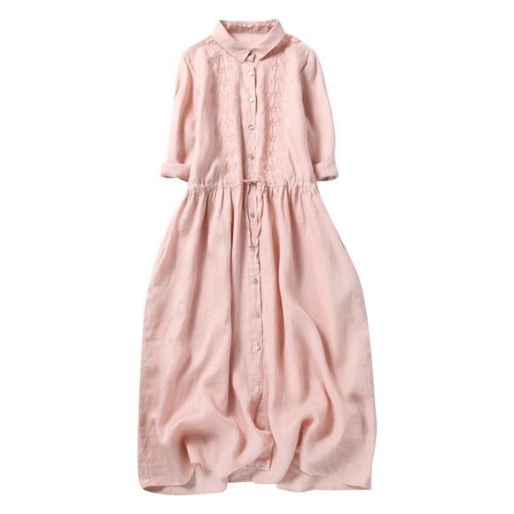 Summer Dresses For Women 2023 Women's Summer Vintage Lace-up Dress Seven-point Sleeve Long Cotton And Hemp Skirt Loose And Thin Embroidery Large Train Skirt Beach Daliy Party Plus Size Sun Dress