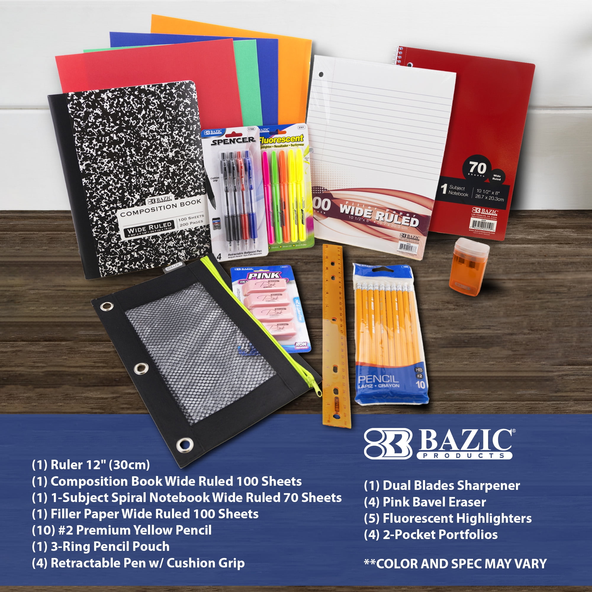 BAZIC Back to School Kit 33 Count Bundle Box for Student K-12, Composition Book Portfolio Pencils Sharpener Binder Pouch, SPEC COLOR MAY VARY, 1-Pack