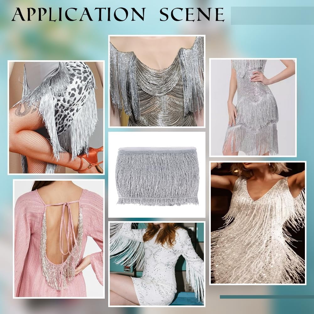 1pc 10.9 Yards Glittery Fringes Trim 5-7/8 inch Wide Polyester Tassel Lace Trim Metallic Silver White Fringe Lace Trim Sewing Tassel Lace Trim for DIY Latin Dance Dress Costume Accessories