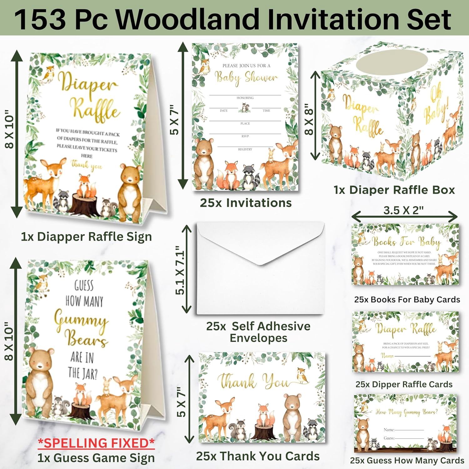 53 Pc Woodland Baby Shower Invitations for Boy or Girl – With Envelopes, Thank You Cards, Book Request, Diaper Raffle Box & Game Cards – Gender Neutral Baby Shower Party Set for 25 Guests