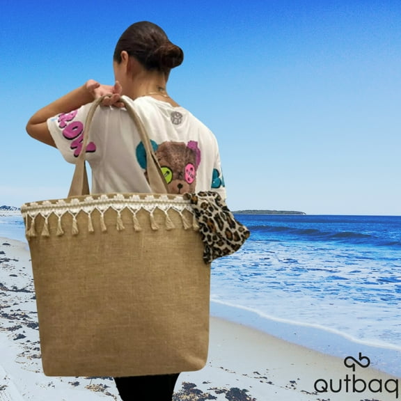 QutBag Straw Beach Bag Jute Ethnic Pattern, Woven Straw Beach Tote Bag, Weaving, Swim, Gym, Shopping, Travel Bag (Ethnic Pattern Safari)