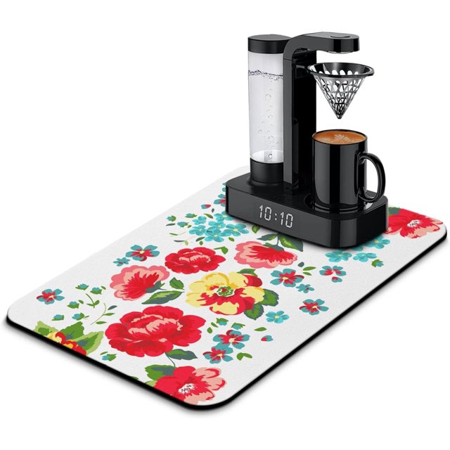 Coffee Bar Mat Accessories for Countertop Absorbent Hide Stain Rubber Backed Dish Drying Mats for Kitchen Counter Draining Pad Decor Gift Fit Under Coffee Maker Coffee Pot Espresso Machine (24x16in)