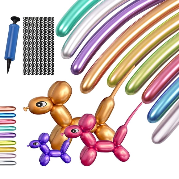 Balloons for Balloon Animals, 100PCS Long Twisting Balloons Kit with Pump, Eye Stickers, Metallic 260 Latex Balloons, Kit for Animal Making Magic Chrome Balloons Mixed Color for Birthday Festival