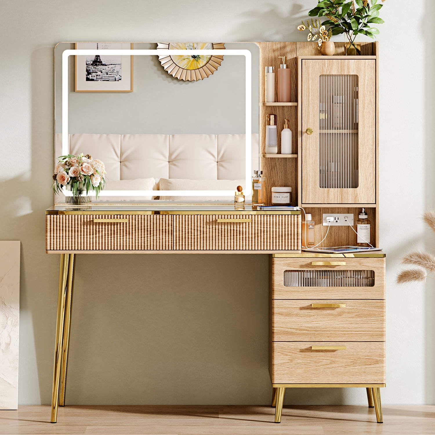 Arulvmrn Vanity Desk 47.24", HD Lighted Mirror w/ 3-Color Touch, 5 Drawers, Charging, Oak