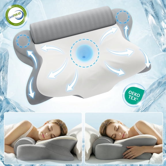 3 in 1 Memory Foam Cervical Pillow, Cooling Fabric Neck Pillow with Detachable Leg Support Cushion for Neck Pain Relief, Orthopedic Pillow for Back, Side & Stomach Sleepers