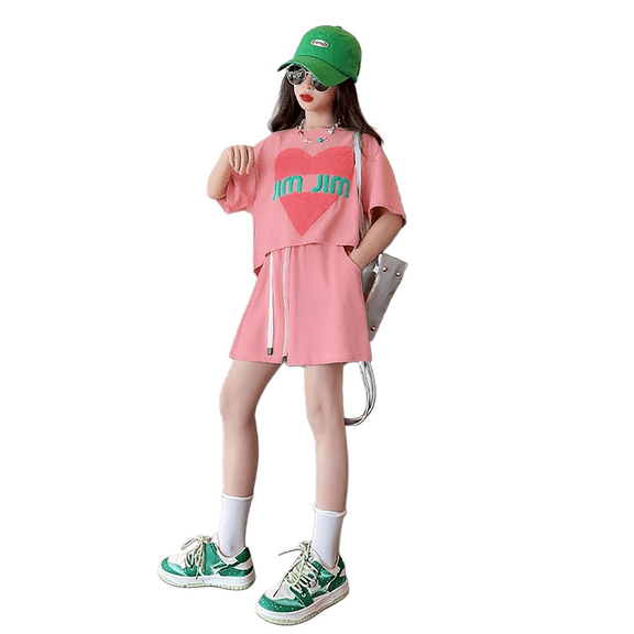 TAIAOJING Girls Summer Outfits Sets 2PCS Sets Casual Short Sleeve Tops And Shorts Printed Playwear Comfortable Clothes For Toddler Kids Teen Age 4 15 Lovely 14-15Y