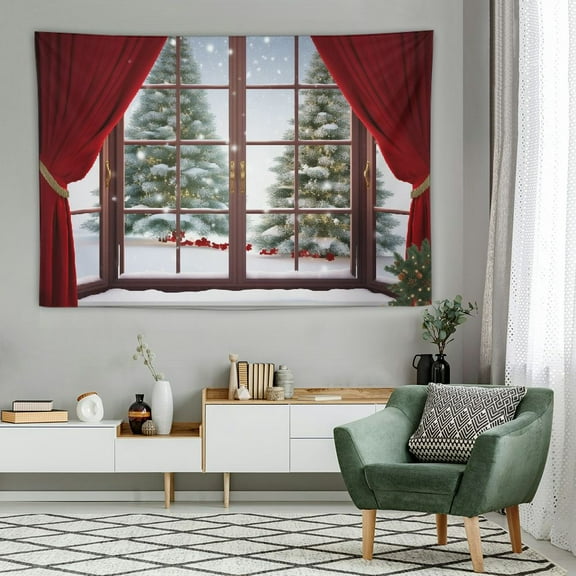 Creowell  Snow Forest Tapestry Christmas Tree with Blue Ball Wall Hanging Tapestry Red Curtain Wood Window Tapestries for Living Room Bedroom Dorm Wall Decor-60x40 Inch 60x40in