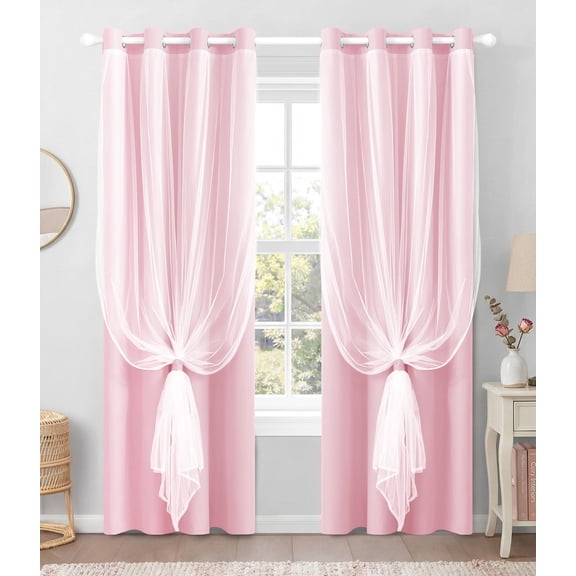 100% Blackout Curtains with Sheer Overlay, Pink, 52 x 84 inch, 2 Panels