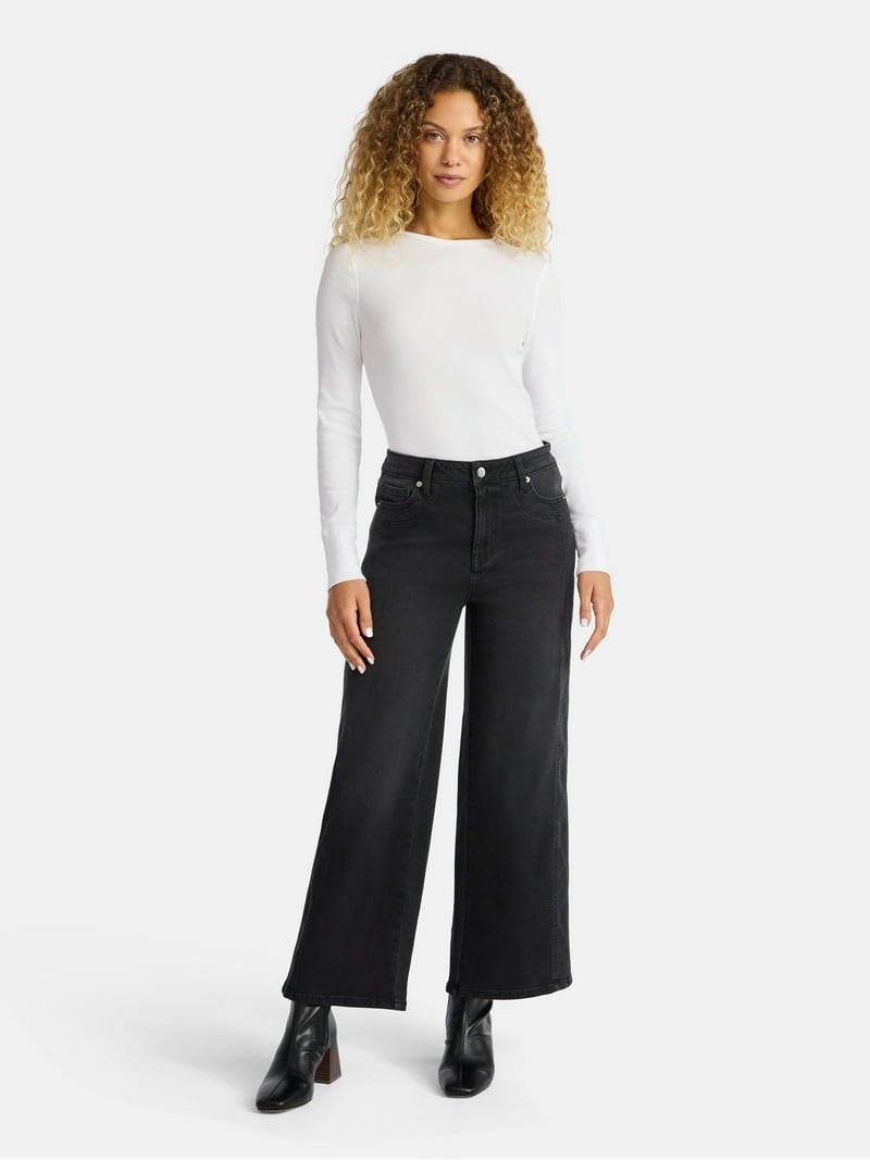 Time and Tru Women's High Rise Wde Leg Cropped Jeans with