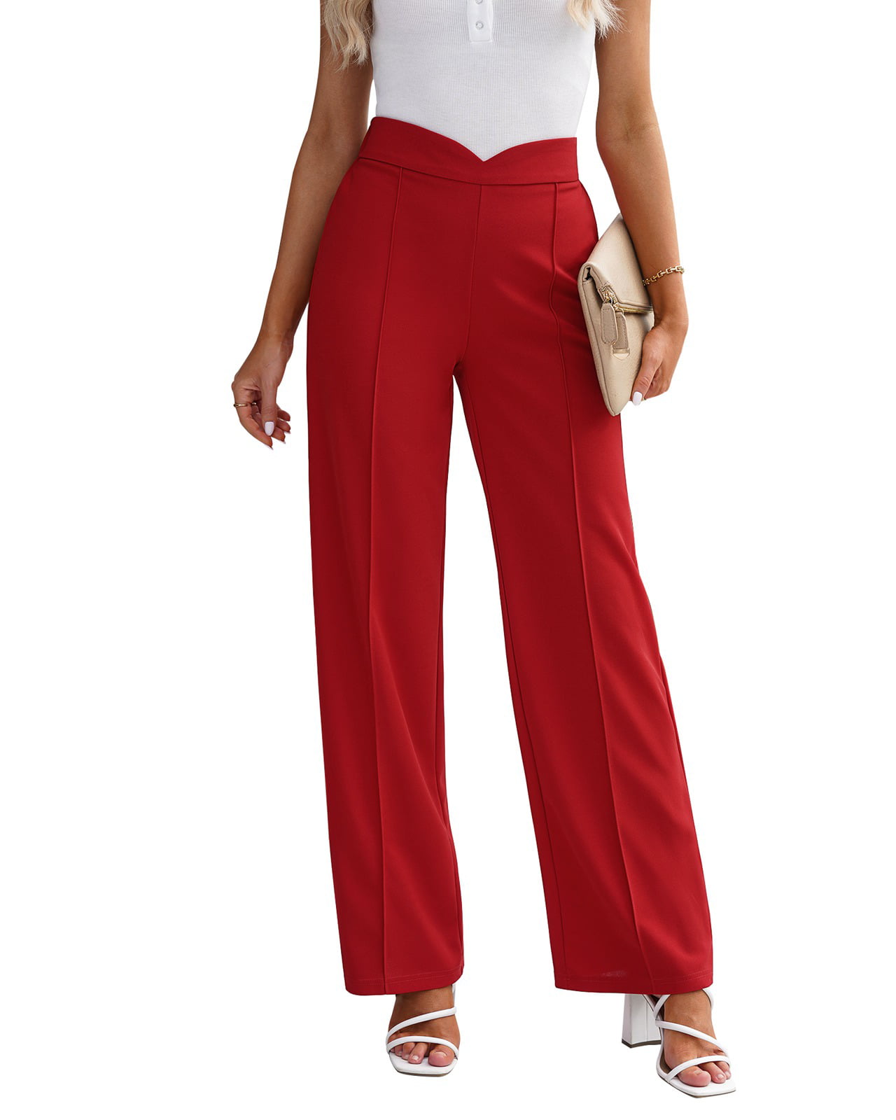 Womens Stretch Pull-On Dressy Pants Pure Color High Waisted Flare